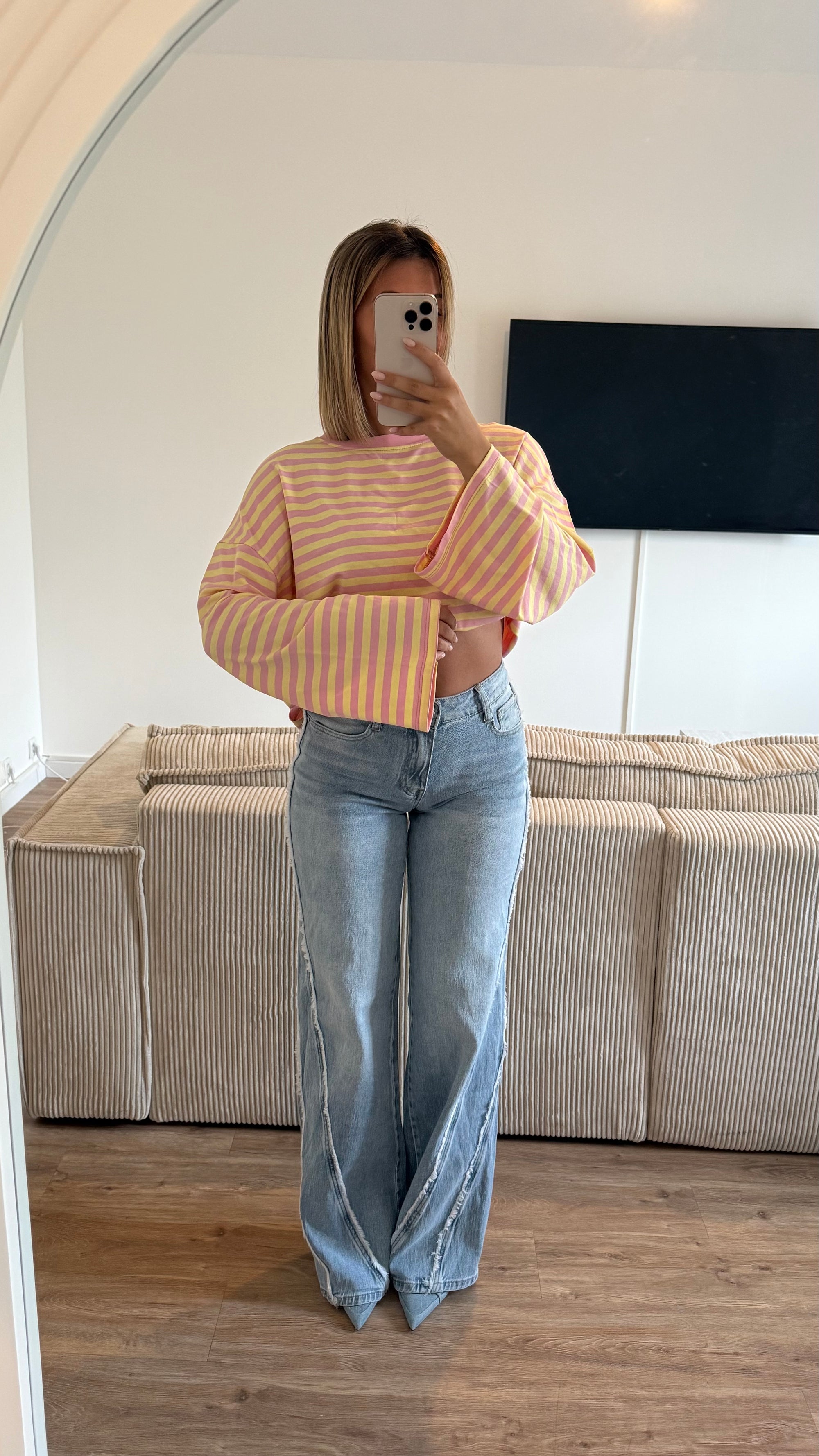 Haut rayure jaune|rose