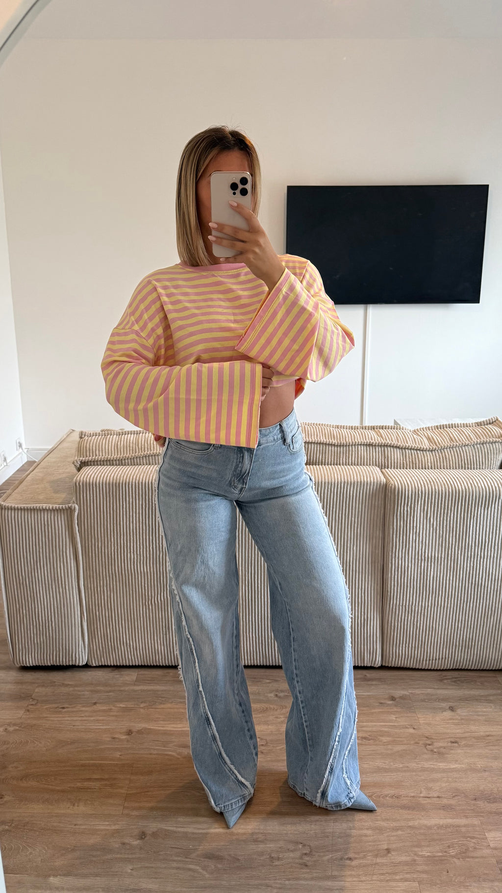 Haut rayure jaune|rose